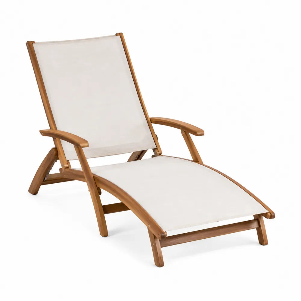 Chaise longue en bois et tissu blanc réglable