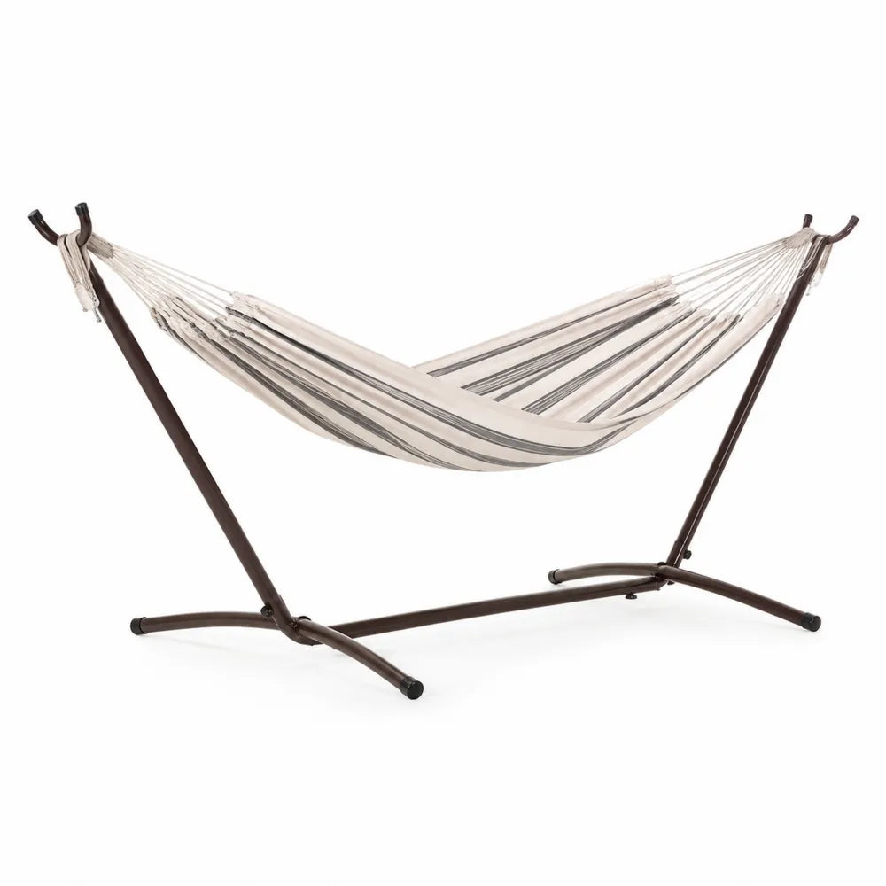 Hamac en Coton avec Support en Acier Rayé Beige/Gris 200x150 cm
