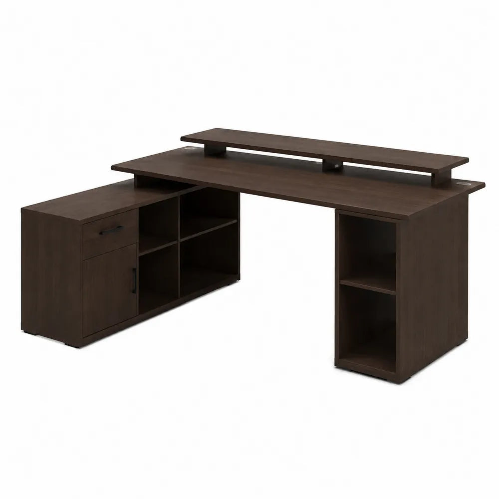 Bureau d'angle en bois marron avec étagères intégrées