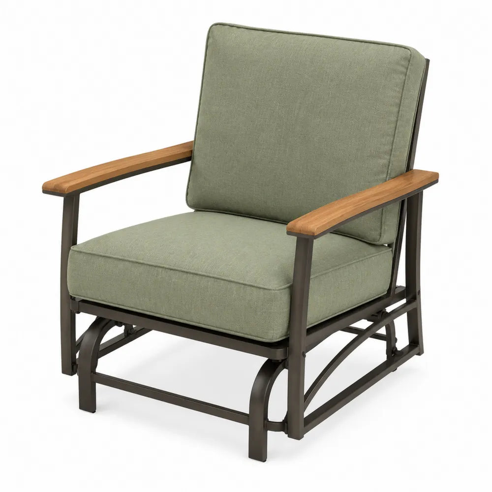 Fauteuil en métal et bois avec coussins verts