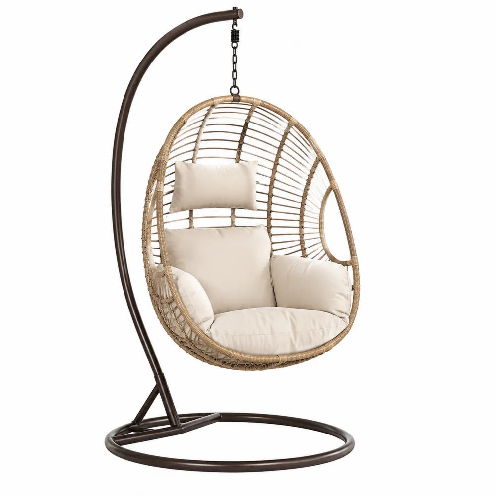 Chaise suspendue en rotin synthétique avec coussins écrus et cadre métallique