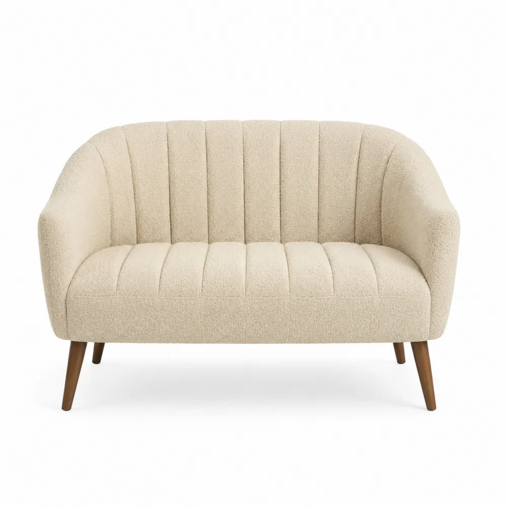 Canapé deux places en tissu bouclette beige avec pieds en bois