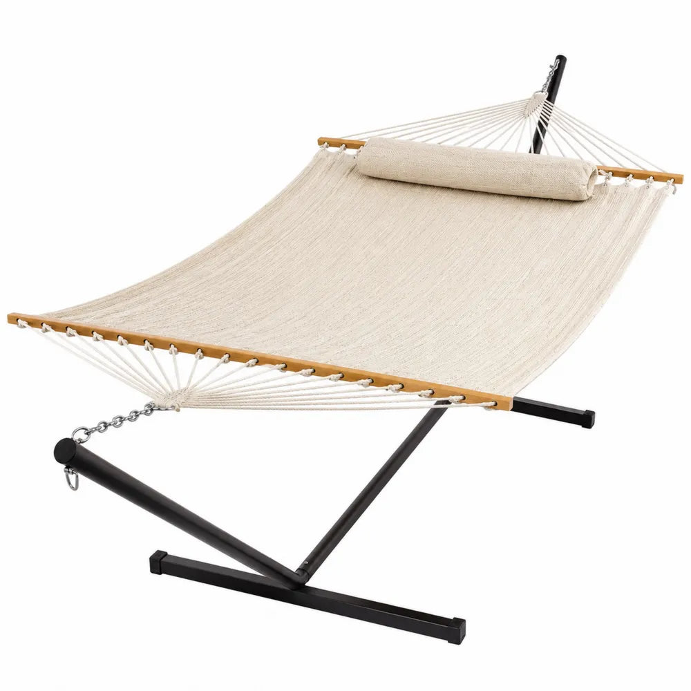 Hamac en toile avec support en métal noir et bois 200x120 cm