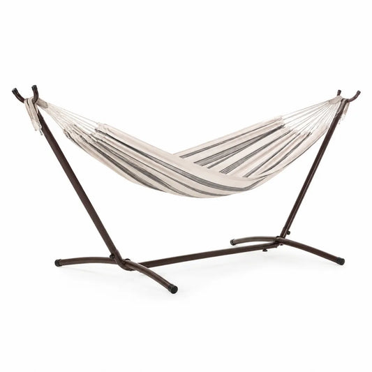 Hamac en Coton avec Support en Acier Rayé Beige/Gris 200x150 cm