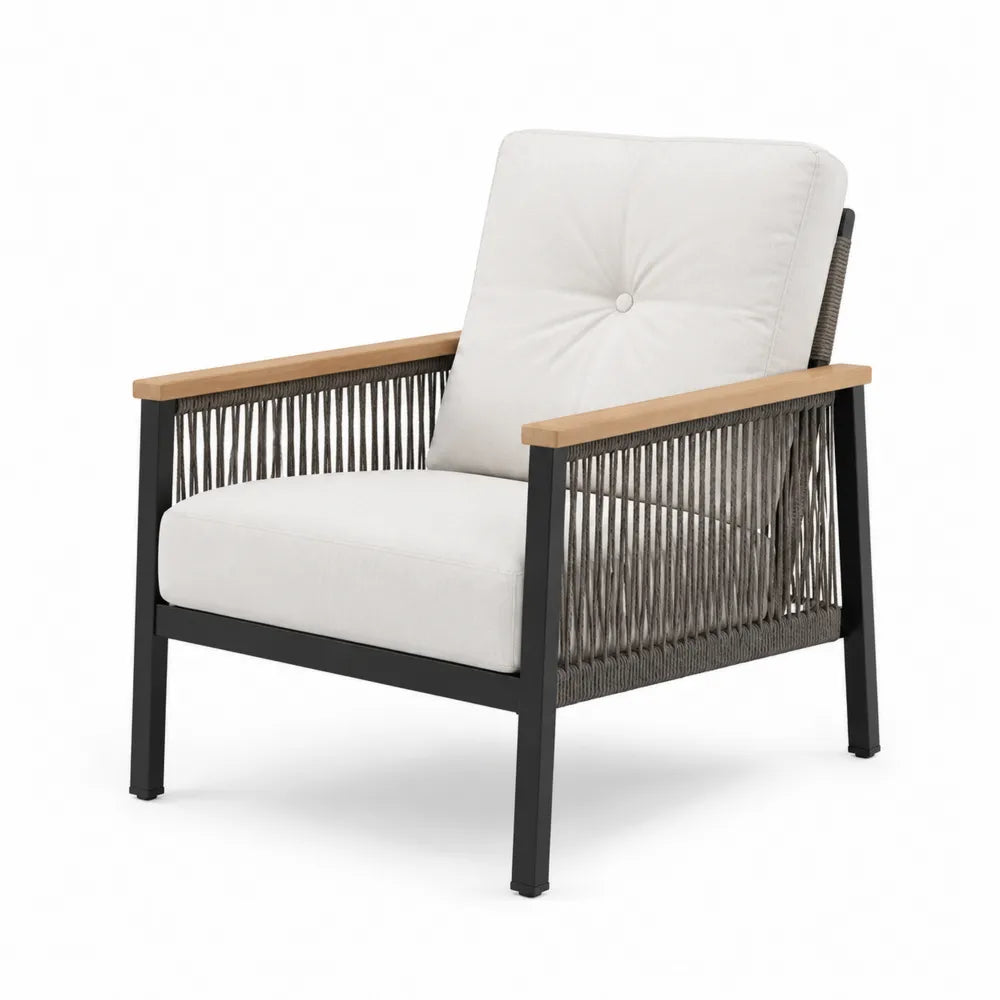 Fauteuil en corde métal et bois avec coussins en polyester