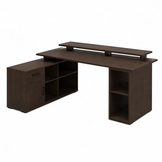 Bureau d'angle en bois marron avec étagères intégrées