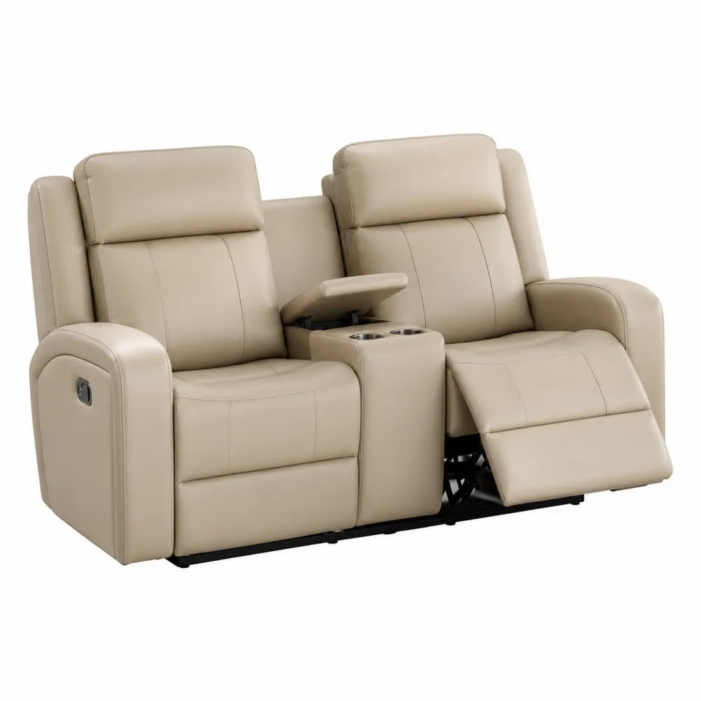 Canapé inclinable 2 places en cuir synthétique beige avec porte-gobelets