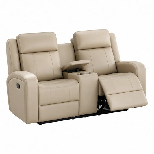 Canapé inclinable 2 places en cuir synthétique beige avec porte-gobelets