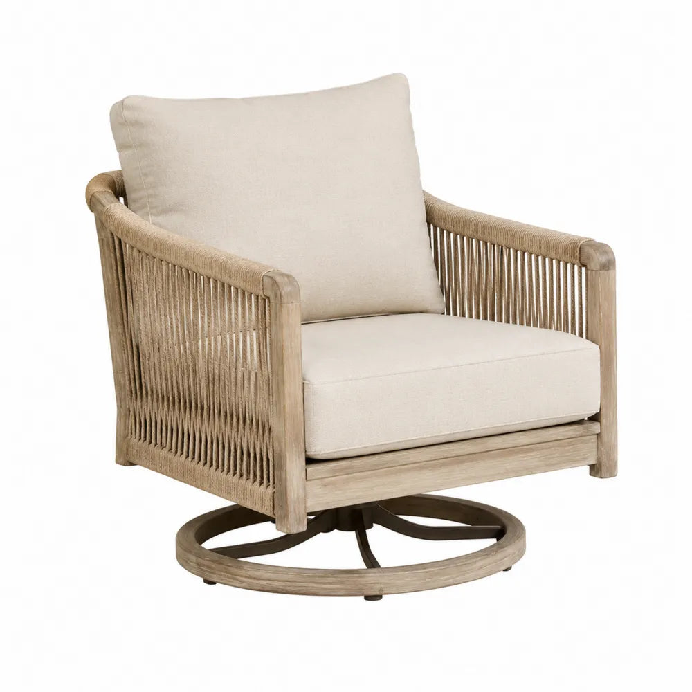Fauteuil pivotant en bois et corde avec coussins beiges