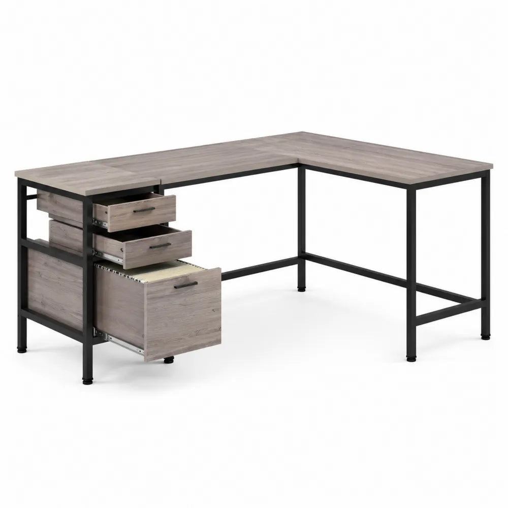 Bureau d'angle en bois et métal avec tiroirs