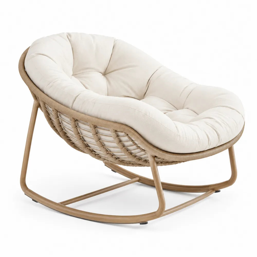 Chaise à bascule en aluminium et rotin avec coussin en polyester crème