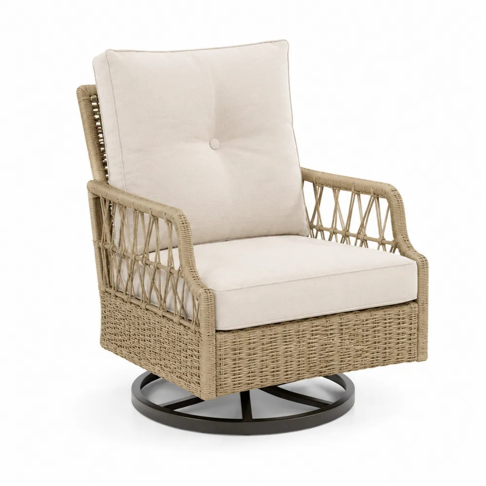 Fauteuil pivotant extérieur en résine tressée beige avec coussins en polyester