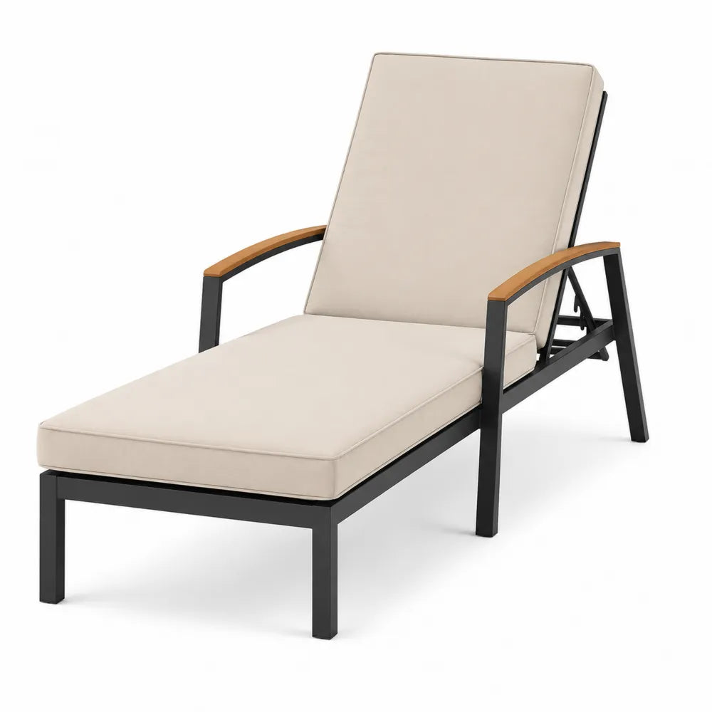 Chaise Longue en Métal avec Accoudoirs en Bois et Coussin Beige