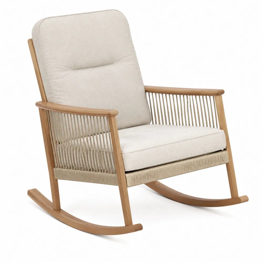 Chaise à bascule en bois de teck avec coussin en polyester beige