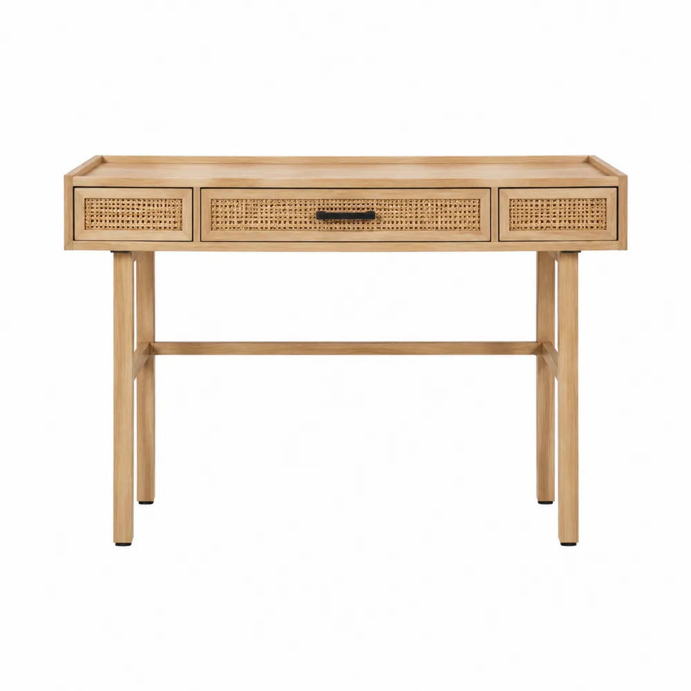Bureau en bois avec tiroirs en rotin tissé