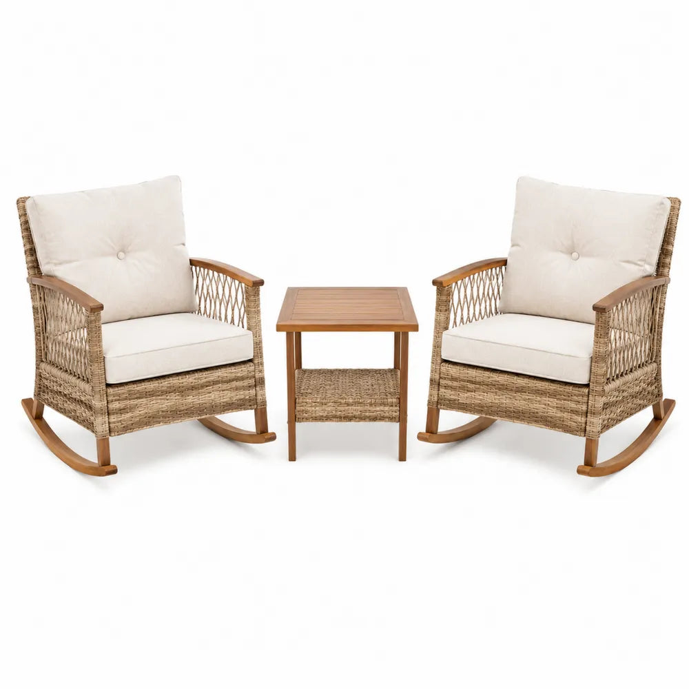 Ensemble de fauteuils à bascule en rotin avec table en bois d'eucalyptus