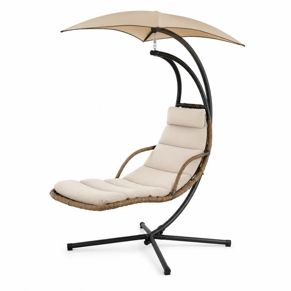 Chaise longue suspendue en métal et rotin synthétique avec pare-soleil